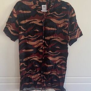 Zara Men’s Short Sleeve Button-Up Shirt - Black, Brown, Burgundy